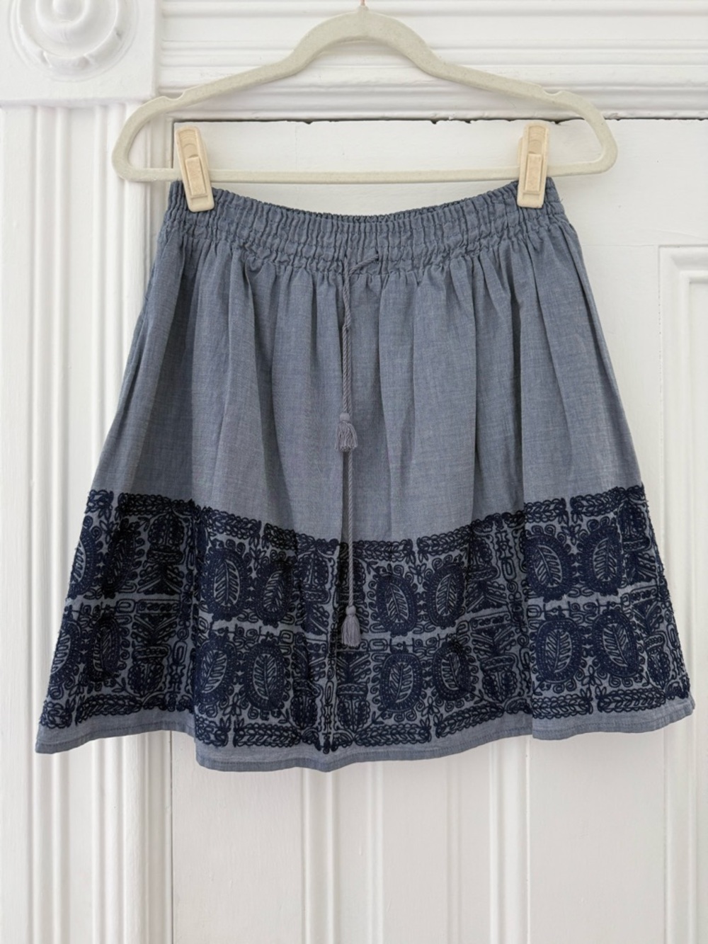 J. Crew Blue Gathered Cotton Skirt with Embroidered and an Elastic Waist